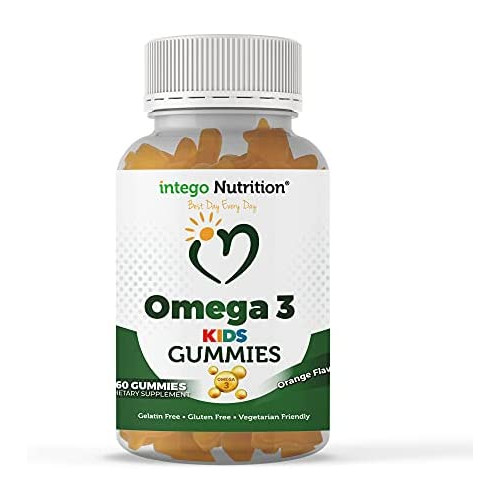 Kids Omega 3 Gummies - Vegan Gummies with DHA & Flaxseed Oil Fatty Acids - Omega 3 6 9 Gummies for Children, Gluten-Free Kids Vitamins, Orange Flavor, 60 Count - Intego Nutrition