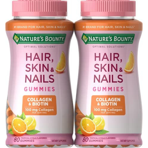 Hair Skin Nails Vitamins Biotin & Collagen Nature Bounty Optimal Solutions w/ 비타민 C Immune Support 헤어 Gummies - Orange Citrus Flavored 80