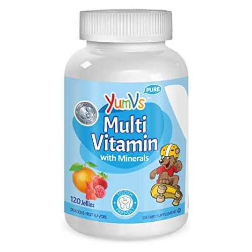 YUM-Vs MultiVitamin Chewable Kids Jellies (Gummies), Fruit Flavor (120 Ct); Dietary Supplement w/Vitamins & Minerals u2013 Vitamin D 600 IU, Vitamins B12, B6, E, C, A, Zinc, Kosher, Halal, Gluten Free