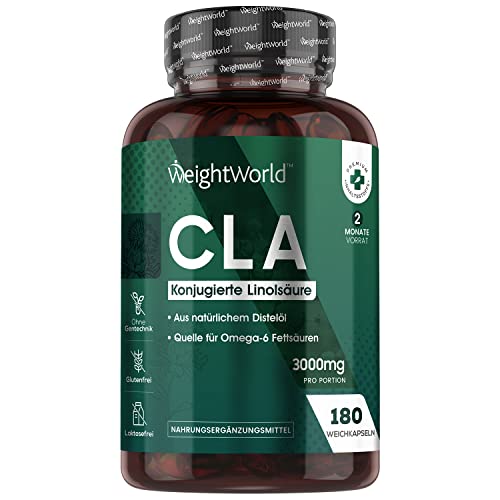 CLA Capsules - 3000 mg CLA per Daily Quantity - 180 Soft Gels with Conjugated Linoleic Acid from 100% Pure Safflower Oil / Thistle Oil - For Sports, Fitness, Training & Free from Additives - Conjugated Linoleic Acid