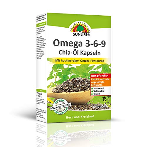 SUNLIFE Omega 3-6-9 Chia Oil Capsules: High Quality Omega Fatty Acids for Heart and Circulation Pure Vegetable 30 Capsules