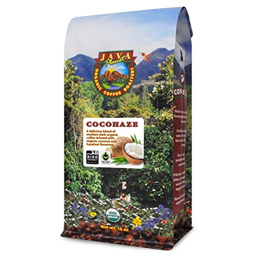 Java Planet - Coconut and Hazelnut Flavored Organic Coffee Beans infused with Organic Flavoring, Fair Trade, Medium Dark Roast, Arabica Gourmet Coffee Grade A, packaged in 1 LB bag