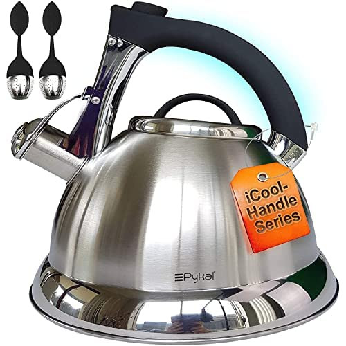 Whistling Tea Kettle with iCool - Handle, Surgical Stainless Steel Teapot for ALL Stovetops, 2 FREE Infusers Included, 3 Quart by Pykal