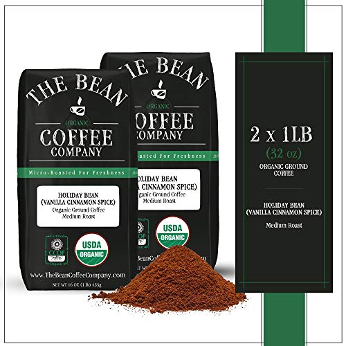 The Bean Coffee Company Organic Holiday Bean (Vanilla Cinnamon Spice), Medium Roast, Ground, 16-Ounce Bags (Pack of 2)