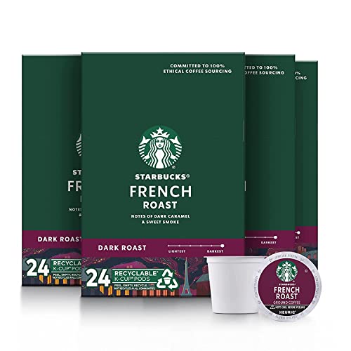 Starbucks Coffee K-Cup Pods, French Roast, Dark Roast Coffee, Notes of Dark Caramel & Sweet Smoke, Keurig Genuine K-Cup Pods, 24 CT K-Cups/Box (Pack of 4 Boxes)