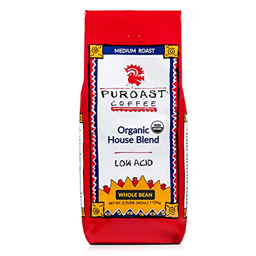 Puroast Low Acid Whole Bean Specialty Coffee, Organic House Blend, High Antioxidant, Caffeinated, 2.5 Pound