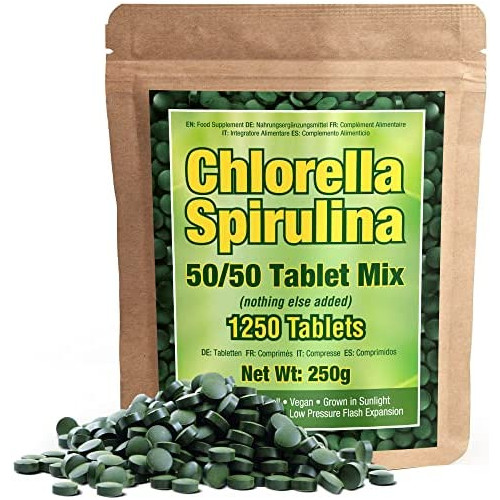 Premium Chlorella Spirulina 1,250 Tablets (4 Months Supply) Vegan Sunlight Grown Deep Green Color Cracked Cell Wall Alkalizing High Protein with Iron and Zinc by Good Natured