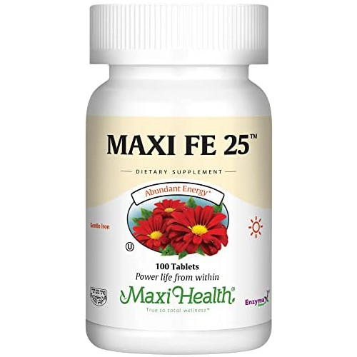 Maxi Health FE 25 - Gentle Iron - Ferrous Fumarate Supplement - 100 Tablets - Kosher Iron (Pack of 1)