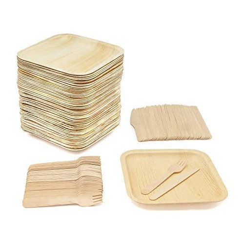 Party Pack of 150 Eco-Friendly Dinnerware - 50 Disposable 8 Square Palm Leaf Plates, 50 Wood Forks, 50 Wood Knives