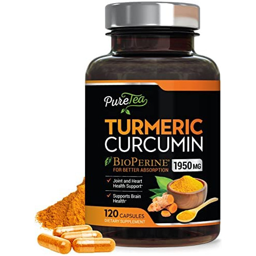 Turmeric Curcumin with BioPerine 95% Curcuminoids 1950mg with Black Pepper for Best Absorption, Natural Immune Support, Turmeric Supplement by PureTea - 60 Capsules