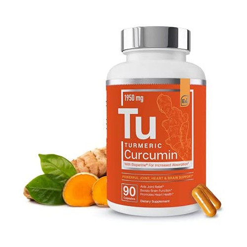 Turmeric Curcumin - Joint, Heart & Brain Support - with Bioperine for Increased Absorption - Essential Elements | 1950 mg - 90 Capsules