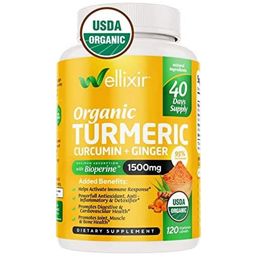 Wellixir - Organic Turmeric Curcumin with Bioperine and Ginger Capsules, 20,000mg of Curcumin Extract, 8,000mg of Ginger Root, per 40 Servings, 120 Capsules