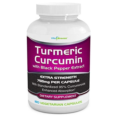 Turmeric Curcumin Complex with Black Pepper Extract - 755mg per Capsule, 180 Veg. Caps - Contains Piperine (for Superior Absorption and Tumeric Bio-Availability) and 95% Standardized Curcuminoids