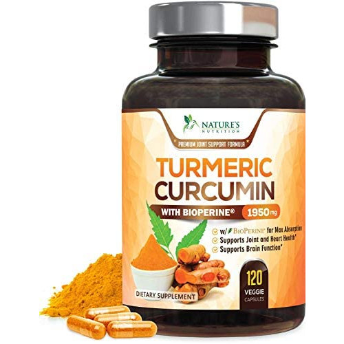 Turmeric Curcumin 95% Curcuminoids Highest Potency 1950mg with Bioperine Black Pepper for Best Absorption, Made in USA, Best Vegan Joint Pain Relief Turmeric Pills by Natures Nutrition - 60 Capsules