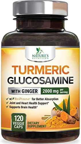 Natures Nutrition Turmeric Curcumin with Ginger & Glucosamine 2000mg with Black Pepper for Best Absorption, Joint Support, Made in USA, Natural Immune Support, Turmeric Supplement - 60 Veggie Caps