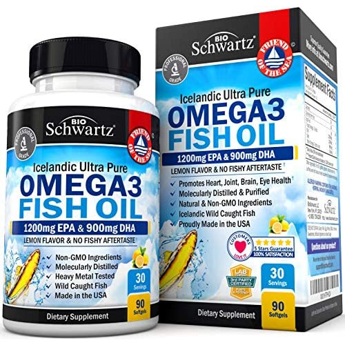 Omega 3 Fish Oil Supplement ndash Immune Heart Support Benefitsndash Promotes Joint Eye Brain Skin Health Non GMO Triglyceride Softgels Lemon Flavor EPA 1200mg DHA 900mg Fatty Acids Gluten Free