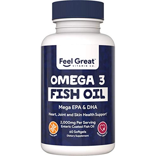 Ultra Strength Omega 3 Burpless Fish Oil 2000 mg Feel Great 365 Mega EPA DHA Pure 6 9 비타민 E Fatty acids Healthy Heart Cholesterol.