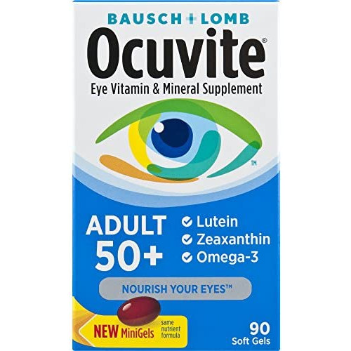 Bausch + Lomb Ocuvite 성인 50+ 비타민 & 미네랄 Supplement Lutein Zeaxanthin Omega-3 소프트 Gels 90-Count Bottle