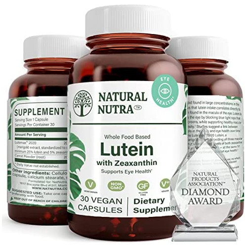 Lutein with Zeaxanthin Supplement by Natural Nutra Whole Food Formula Soy Free Vegan and Vegetarian 20mg 30 Capsules