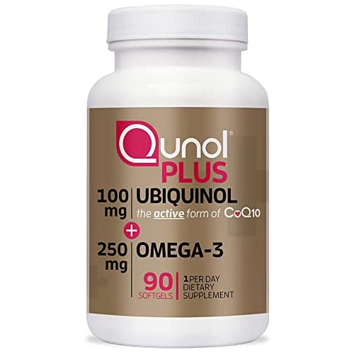 Qunol Plus Ubiquinol CoQ10 100mg, with Omega 3 Fish Oil 250mg, Extra Strength, Antioxidant for Heart & Vascular Health, Natural Supplement for Energy Production, Active Form of Coq10, 90 Count
