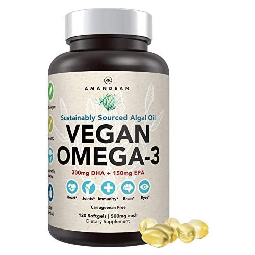 Premium Vegan Omega-3 DHA + EPA Algal Oil Supplement. Marine Algae Based Essential Fatty Acids. Alternative to Fish Oil Supports Healthy Joints Heart Skin Brain Eyes Immune & Prenatal Health.