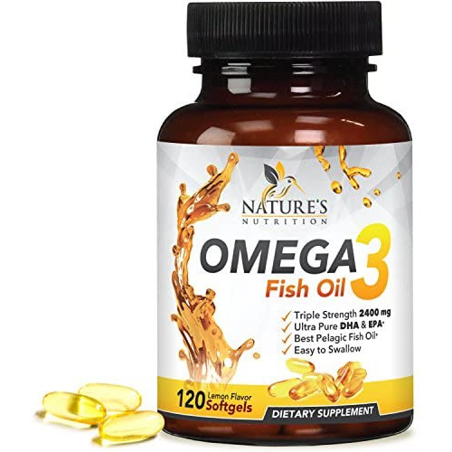 Omega 3 Fish Oil Supplement 2400mg High EPA & DHA Triple Strength Support Heart Brain Joint Immune Health Men Women Non-GMO Lemon Flavor - 60 Softgels
