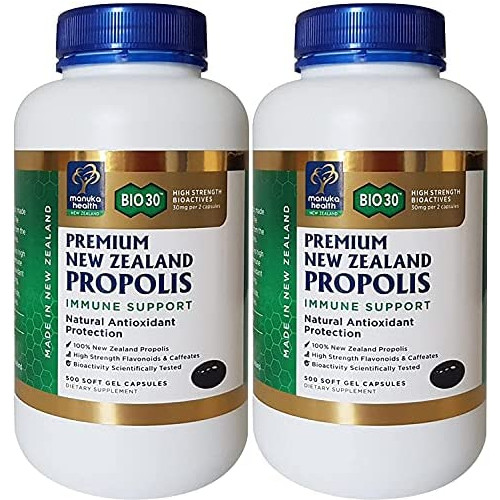 프로폴리스 Manuka Health Bio30 Propolis 500mg 500 Capsules 100% Pure New Zealand Bee Propolis Immune System Support & Antioxidant Protection 2 Bottle