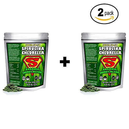 클로렐라 Spirulina Chlorella Super 50-50 Energy-blend Super-pack 1000 Tablets. Raw Organic Gluten-free non-GMO Green Superfood. High protein chlorophyll & nucleic acids. No preservatives No fillers.