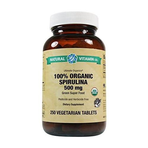 스피루리나 Natural Vitamin Co. - 100% Organic Spirulina 500mg 100 Tablets 16 Day Supply Organic Gluten Free Vegetarian Vegan