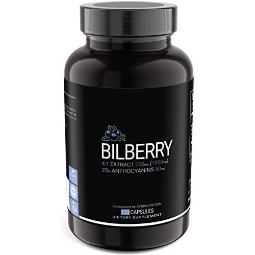 빌베리 Bilberry 250mg 36% Anthocyanins - 60 count  European Blueberry  Potential Nootropic  Clinically Proven to Reduce DNA Damage & Cognitive Decline  Pure Vegetarian Capsules - By SYM Nutrition