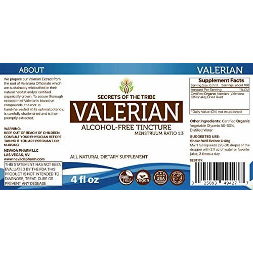 Valerian Alcohol-FREE 리퀴드 Extract Organic Valeriana Officinalis Dried Root Tincture Supplement 4 FL OZ