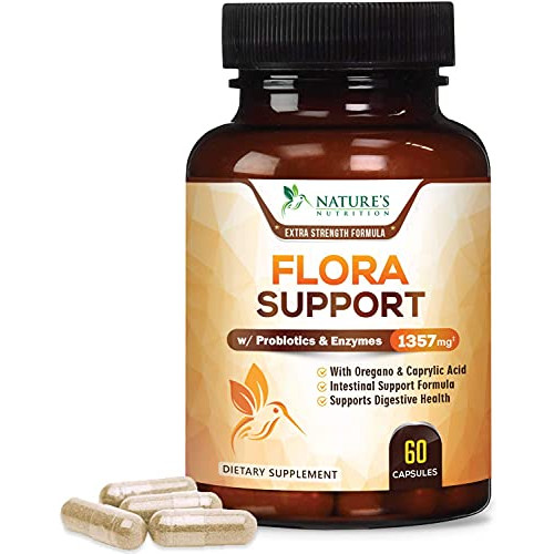 Flora Support Extra Strength with Probiotics 1357mg - Intestinal Flora Support - Made in USA - Cleansing Complex with Oregano, Black Walnut, Caprylic Acid for Women and Men - 60 Capsules