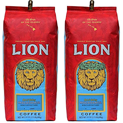 Lion Coffee, Macadamia Flavor Light Roast - Whole Bean Coffee, 24 Ounce Bag
