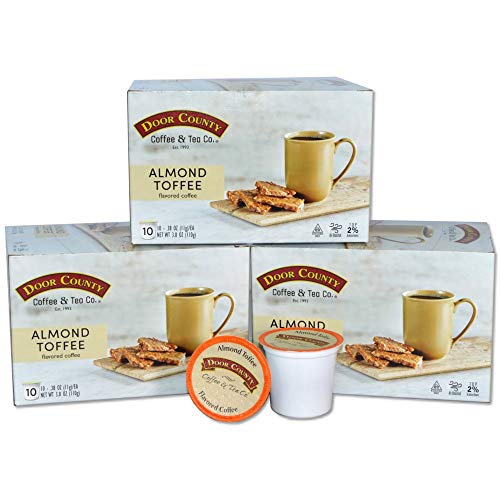 Door County Coffee, Almond Toffee Single Serve Cups for Keurig Brewers, Almond Toffee Flavored Coffee, Medium Roast, Ground Coffee, 30 Count