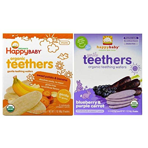 Happy Baby Organic Teethers 2 Flavor Bundle 1 스위트 Potato & Banana Teething Wafers Blueberry Purple Carrot 1.7 Oz