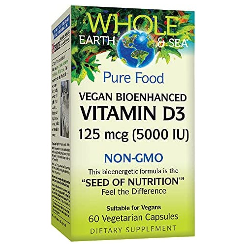 Whole Earth & Sea from Natural Factors, Vitamin D3 5000 IU (125 mcg), Whole Food Supplement, Vegan, 60 Capsules (60 Servings)