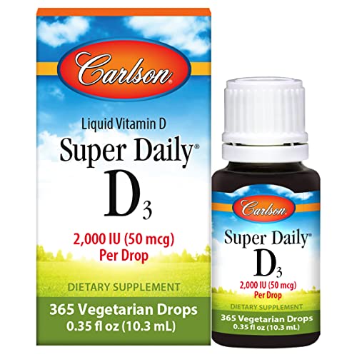Carlson - Super Daily D3 2,000 IU (50 mcg) per Drop, Vitamin D Drop, Immune Support, Heart Health, Liquid Vitamin D3, 1-Year Supply, Unflavored, 365 Drops