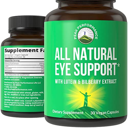 Eye Vitamins - Best Eye Support Supplement for Computer Users with Lutein Zeaxanthin Astaxanthin Carotenoids and Bilberry Extract. Great Protection for Eyes. 30 Vegan Capsules by Peak Performance