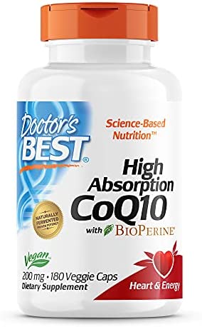 Doctors Best High Absorption CoQ10 with BioPerine Gluten Free Naturally Fermented Vegan, Heart Health and Energy Production 200 mg 60 Veggie Caps, White