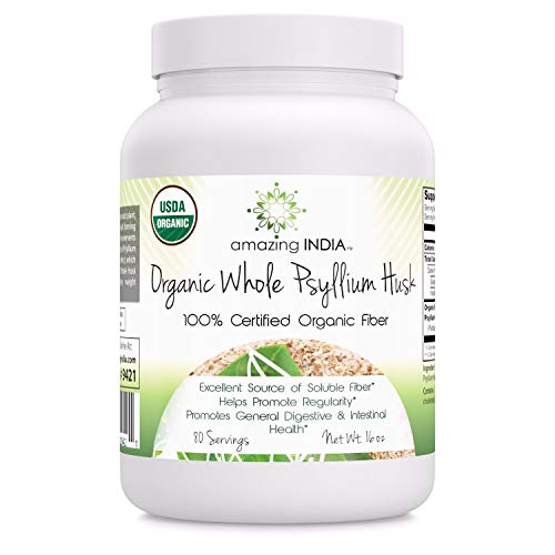 Amazing India USDA Certified Organic Whole Husk Psyllium 16 Oz 파우더 Non GMO Excellent Source Soluble Fiber Helps Promote Regularity Promotes General Digestive & Intestinal Health
