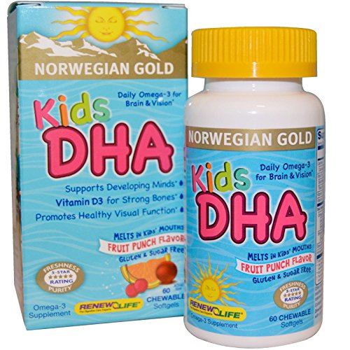 Renew Life Norwegian Gold Kids DHA Fruit Punch Flavor 60 Chewable Softgels