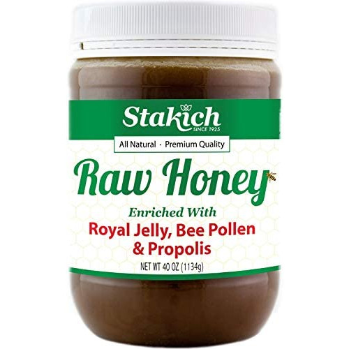 Stakich ROYAL JELLY BEE POLLEN PROPOLIS Enriched RAW HONEY - 100% Pure, Unprocessed, Unheated - 40 oz