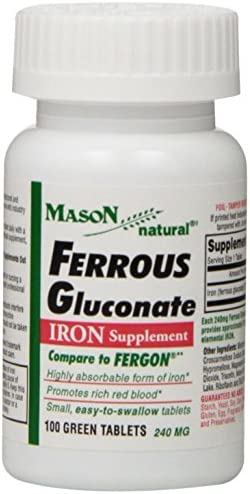 Mason Vitamins Iron Ferrous Gluconate 240Mg Tablets, 100 Count per Bottle Pack of 8 Total 800 Tablets