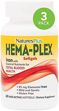 NaturesPlus Hema-Plex Iron - 60 Fast-Acting Softgels, Pack of 3 - 85 mg Elemental Iron + Vitamin C & Bioflavonoids for Healthy Red Blood Cells - Vegan, Gluten Free - 60 Total Servings