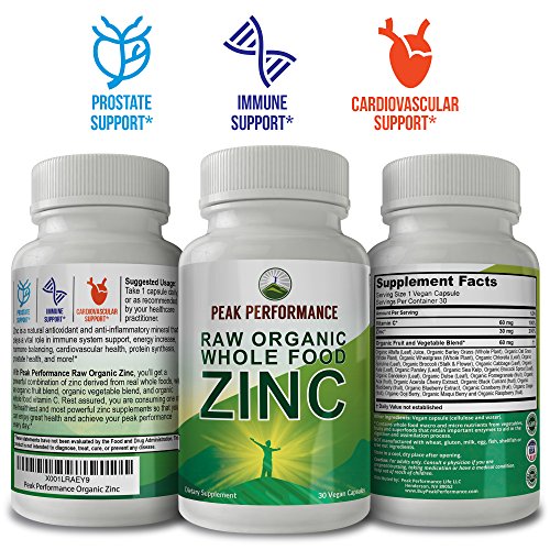 Raw Organic Whole Food Zinc By Peak Performance With Vitamin C & Over 25 Organic Fruit and Vegetable Ingredients. For Prostate Support, Immune and Cardiovascular Health. 30 Vegan Capsules