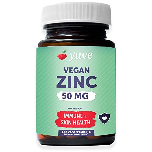 Yuve Natural Vegan Zinc Supplements 50mg, Immune Support, Fast Relief from Colds and Flu, Acne Free Skin, Healthy Hormone Levels, Non-GMO, Gluten & Sugar Free - 100 Vegetarian Tablets