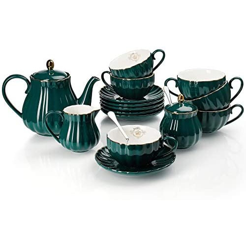 Amazingware Porcelain Tea Set - Tea Cup and Saucer Set Service for 6, with 28 oz Teapot Sugar Bowl Cream Pitcher Teaspoons and Tea Strainer - for Thanksgiving - Pumpkin Fluted Shape, Pink