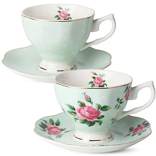 BTaT- Floral Tea Cups and Saucers, Set of 2 (Green - 8 oz) with Gold Trim and Gift Box, Coffee Cups, Floral Tea Cup Set, British Tea Cups, Porcelain Tea Set, Tea Sets for Women, Latte Cups