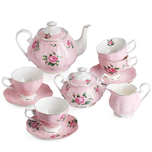 BTaT- Floral Tea Set, Tea cups (8oz), Tea Pot (38oz), Creamer and Sugar Set, Gift box, China Tea Set, Tea Sets for Women, Tea Cups and Saucer Set, Tea Set for Adults, 4 Tea Cups Set, Porcelain Tea Set