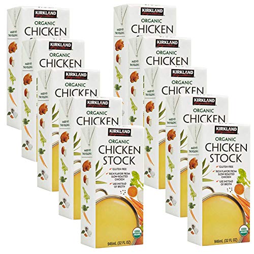 Kirkland Signature Organic Gluten-Free Chicken Stock Made from Organic Slow Cooked Chicken Bones, Use Instead of Broth, in Reasealable Cartons 32 fl oz, Pack of 10
